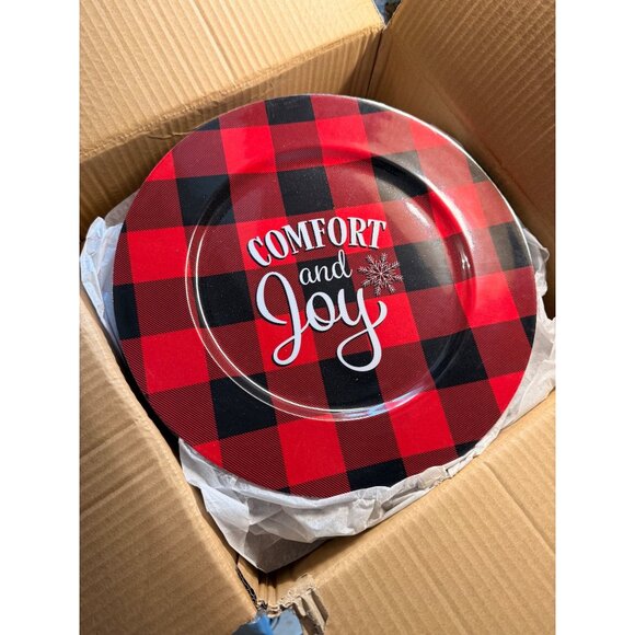 Set of 24 Christmas Charger Plates Melamine Black Red Check 13 In - Picture 1 of 6